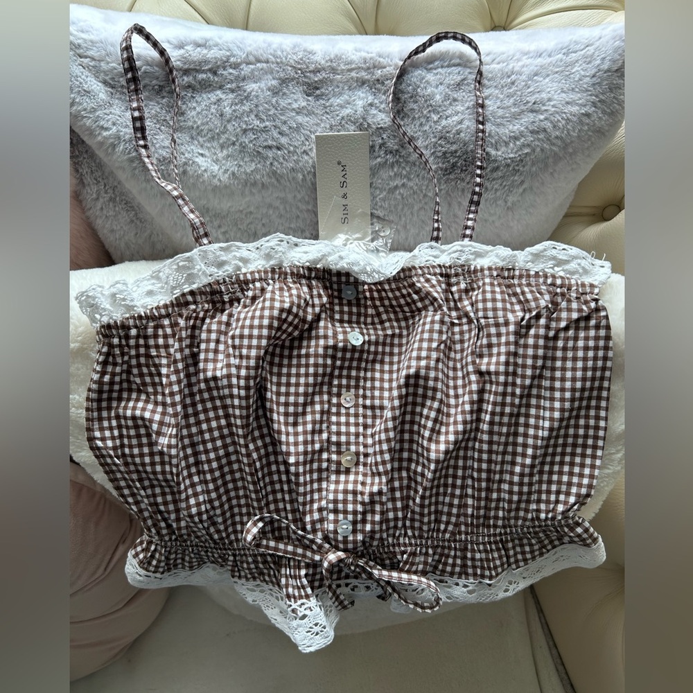 Brown Gingham Crop Top with Lace Trim